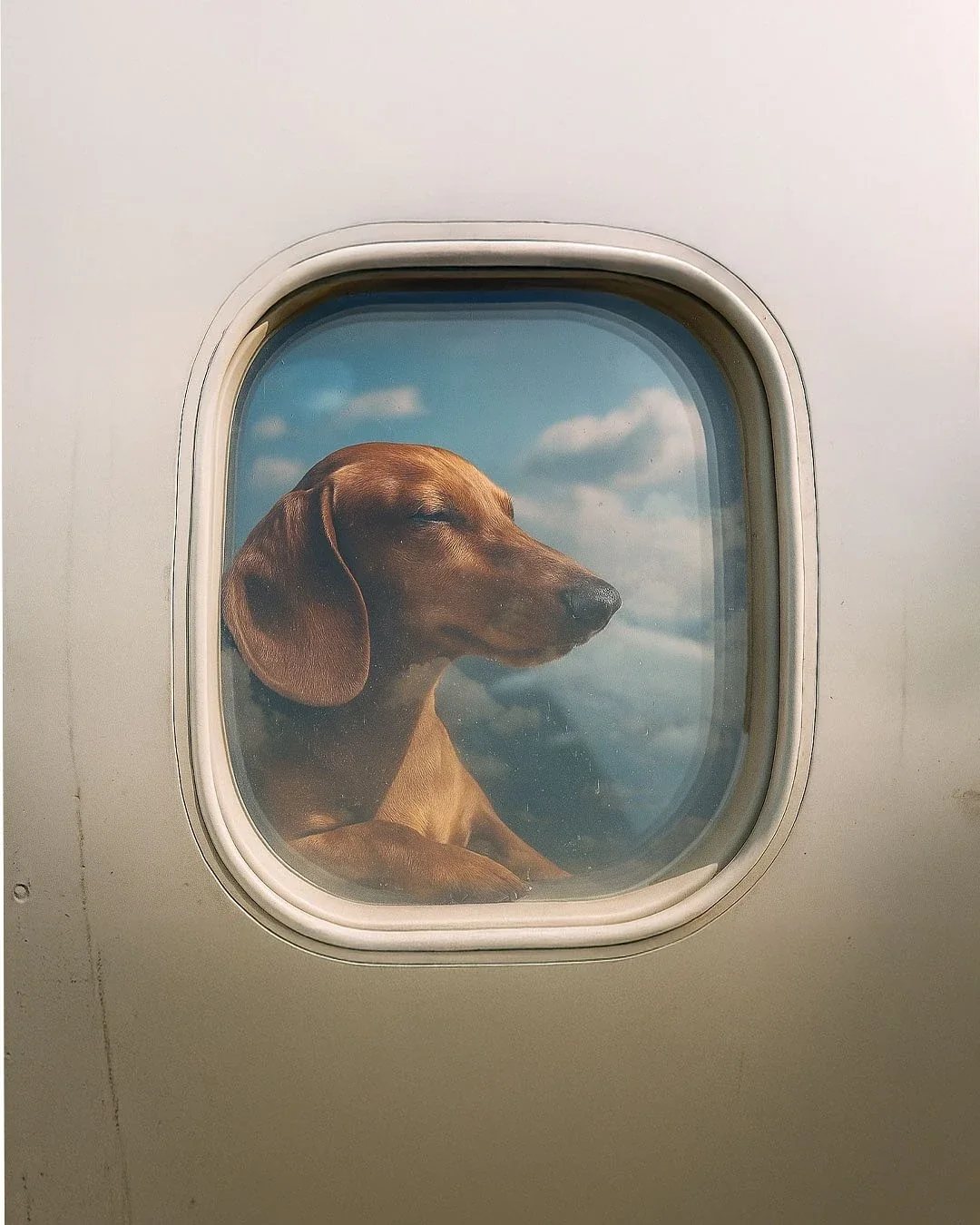 A dachshund resting by an aircraft window above the clouds
